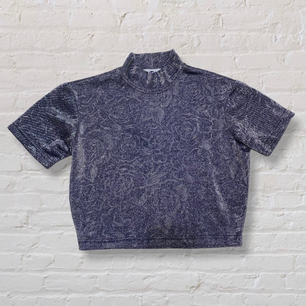 Kamae Paris Metallic Blue Mock Neck Crop Top with Floral Rose Pattern